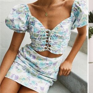 Sabo Skirt Floral Mini Dress - White and Blue